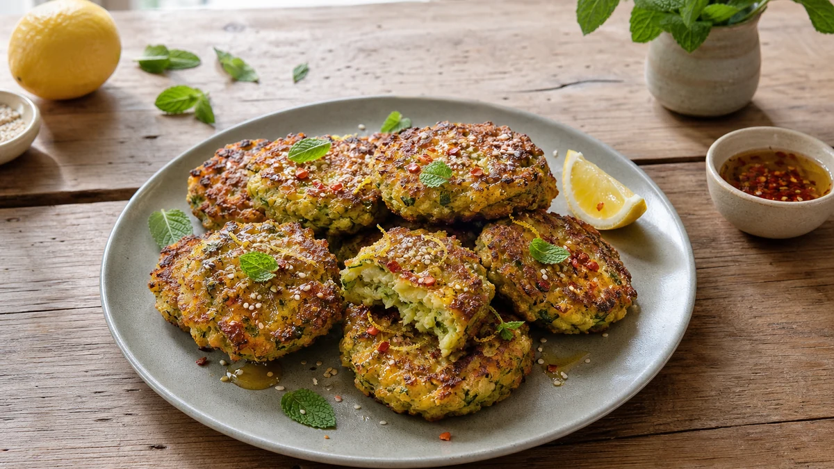 Golden zucchini and halloumi fritters with sesame, mint and a light chilli honey drizzle