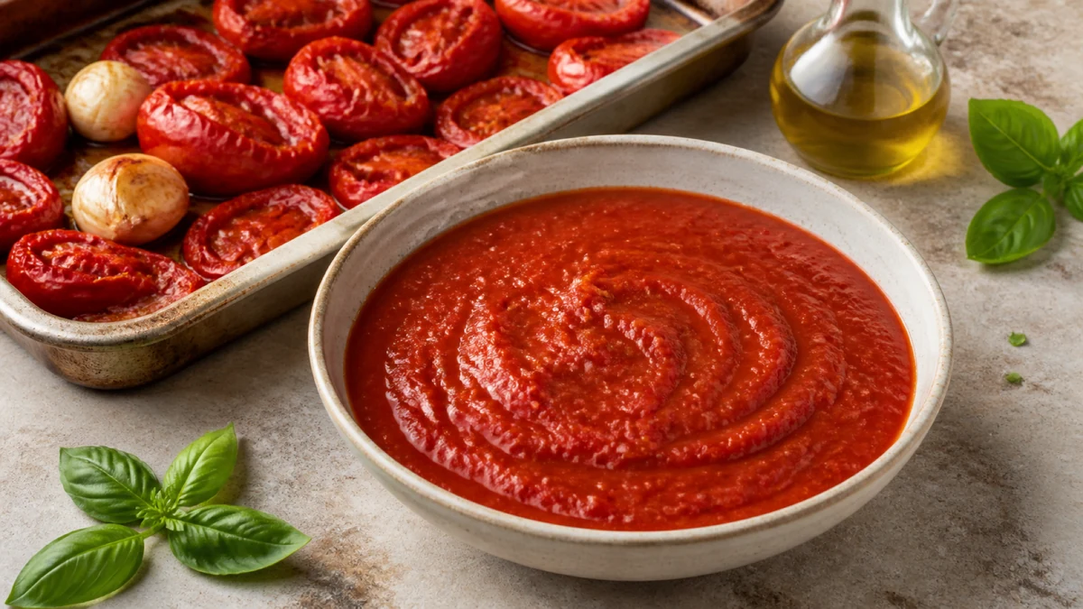Bowl of smooth red tomato sauce surrounded by oven-roasted tomatoes, garlic and basil