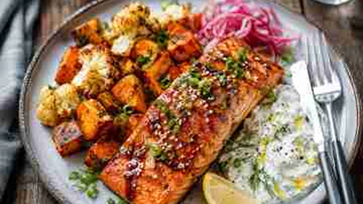 Oven-roasted salmon with browned vegetables and lemon on a baking tray