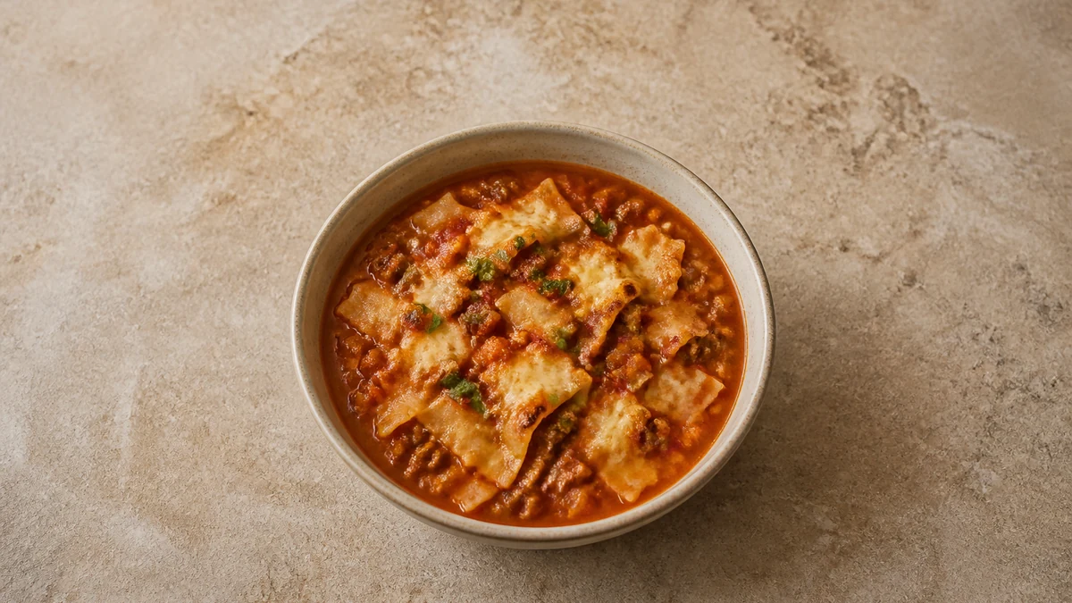 Lasagne soup with beef, pasta shards and a golden mascarpone and Parmesan topping
