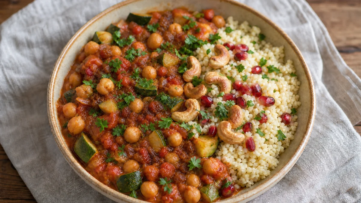 Chickpea and squash tomato stew with couscous, cashews, parsley and pomegranate seeds