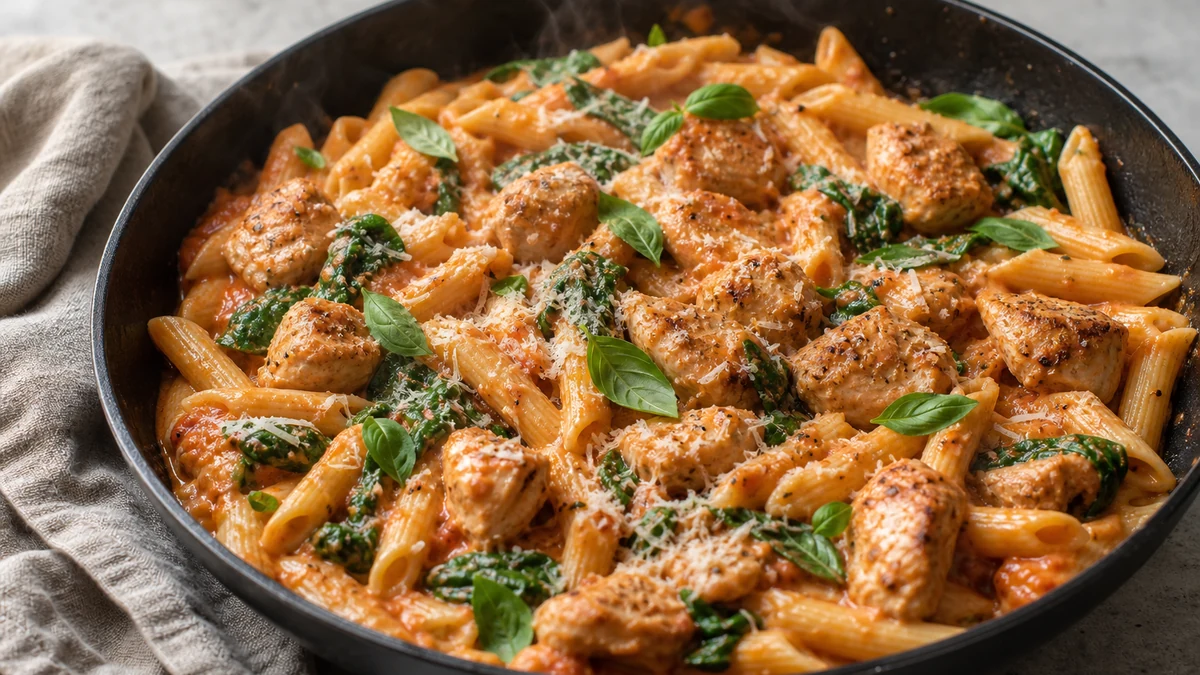 Creamy penne with browned chicken, tomato, spinach, Parmesan and basil in a wide pan
