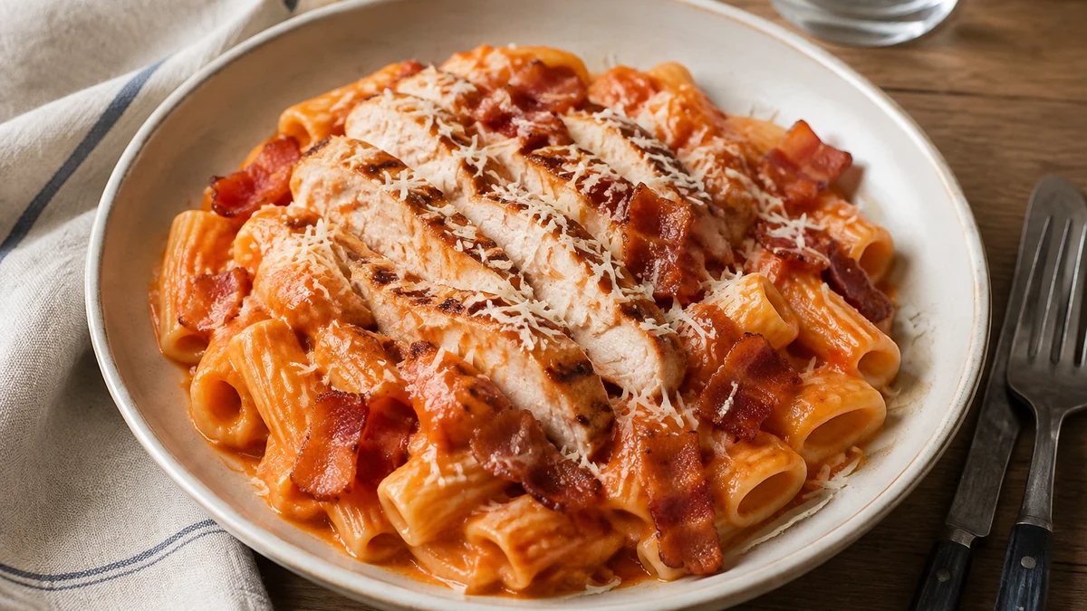 Creamy tomato rigatoni with grilled chicken, crisp bacon and Parmesan