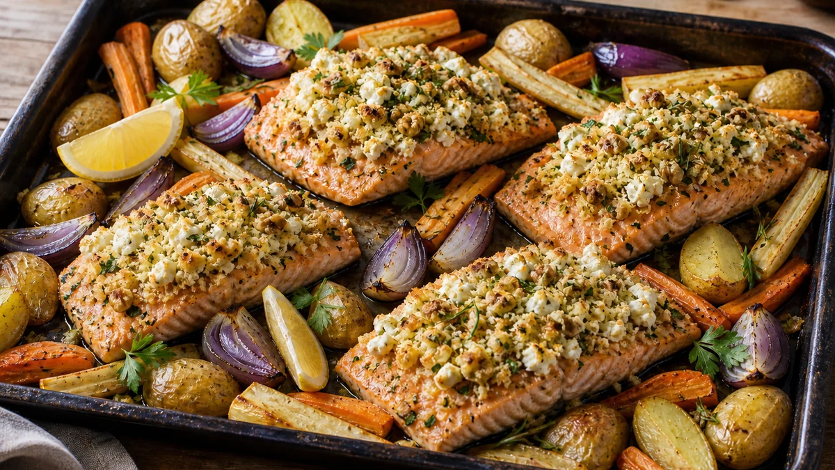 Baked salmon with a golden goat’s-cheese and walnut crust, potatoes and roasted vegetables