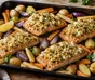 Baked salmon with a golden goat’s-cheese and walnut crust, potatoes and roasted vegetables