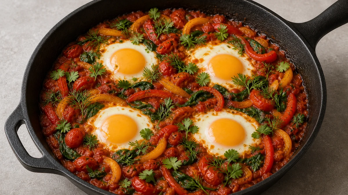 Shakshuka in a dark pan with eggs, red and yellow peppers, spinach, coriander and dill