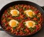 Shakshuka in a dark pan with eggs, red and yellow peppers, spinach, coriander and dill