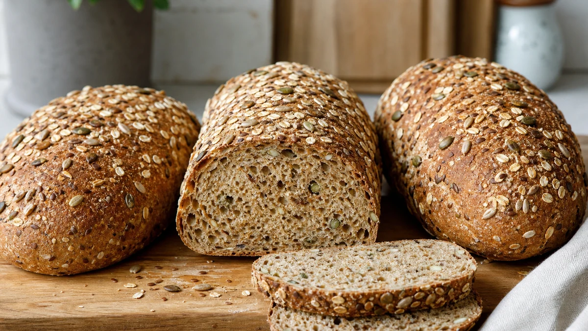 Three seeded wholegrain loaves on a wooden board, with one sliced to show the crumb