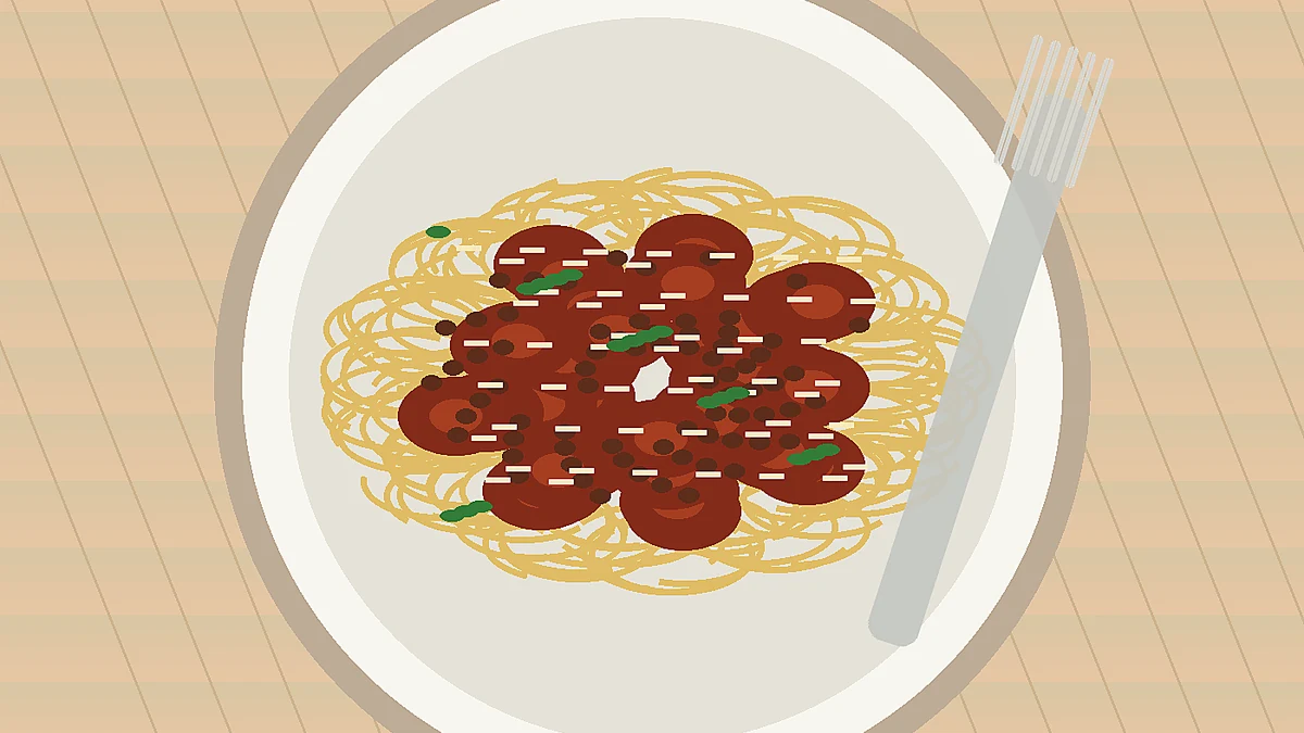 Spaghetti coated with Bolognese sauce, Parmesan and fresh basil leaves