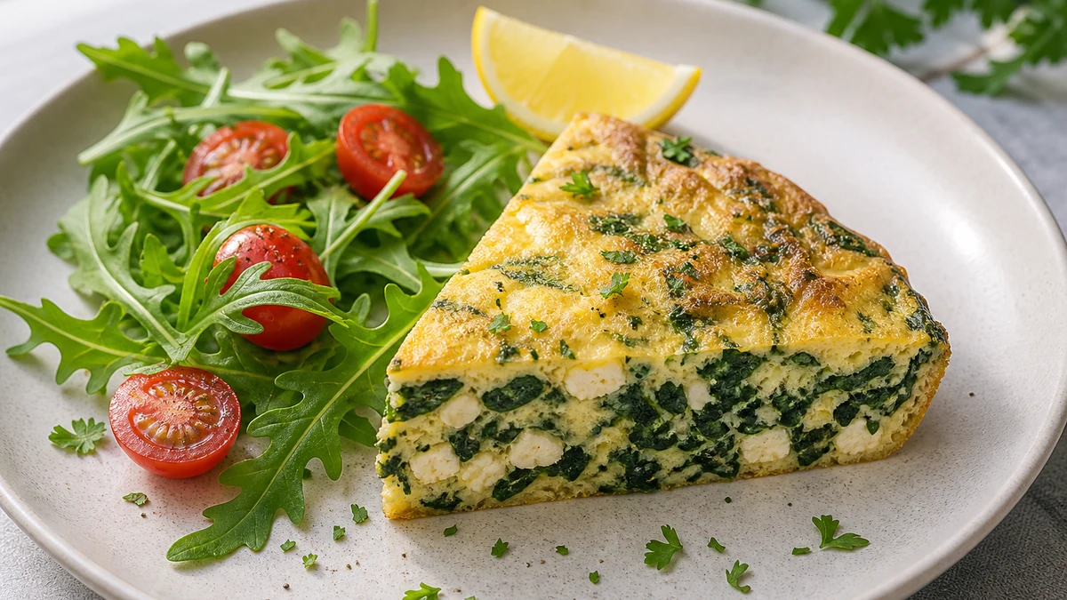 Sliced spinach and feta frittata beside rocket, cherry tomatoes and curly parsley