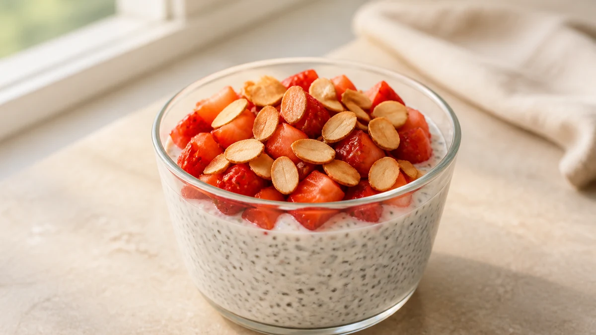 Chia-yogurt pudding in a glass topped with chopped strawberries and toasted sliced almonds