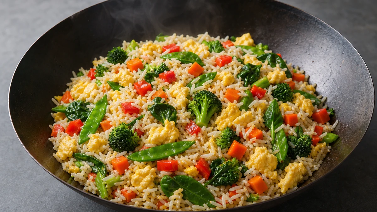 Dark pan filled with fried rice, pieces of egg, spinach, broccoli, red pepper, carrot and snow peas