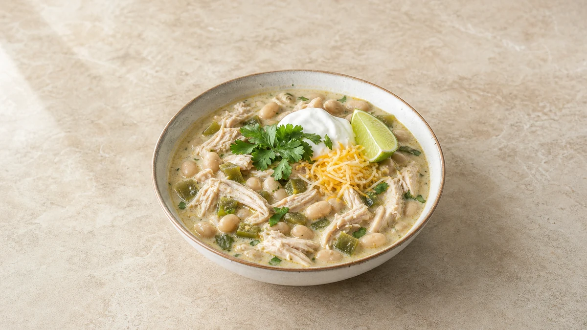 White chicken chilli with white beans, green peppers, soured cream, cheddar, coriander, lime and tortilla chips